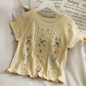 Women's Summer Korean Knitted Round Neck Short Embroidered T shirt