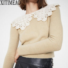 ZA New Women Knitting Sweater Short Casual Femme O Neck Long Sleeve