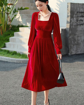 French Vintage Red Velvet Winter Dress