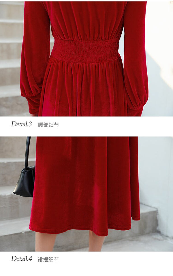 French Vintage Red Velvet Winter Dress