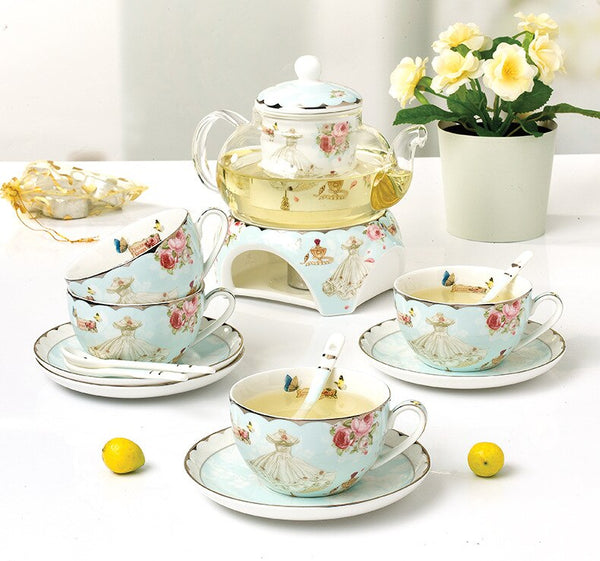 European Style Bone China Household Flower Tea Teaset Glass Coffee