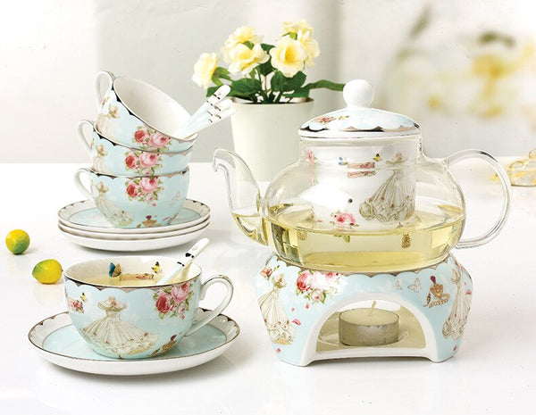 European Style Bone China Household Flower Tea Teaset Glass Coffee