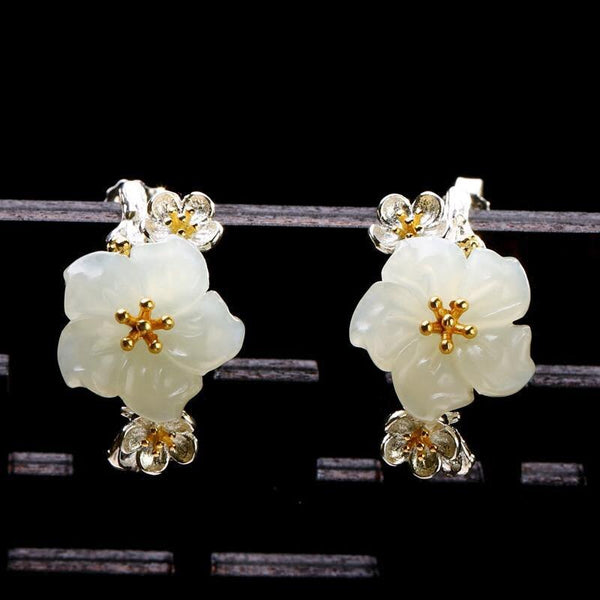 natural Hetian white Chalcedony cherry blossom earrings Chinese style